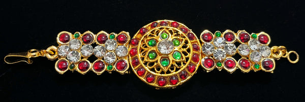 DEITY MULTIPURPOSE BELTS / Can be used as Earrings mati / Choker / Waist belt / Anklets / Bangels / Armlets - Pearls with read and green kemp stones on Gold plated metal alloy