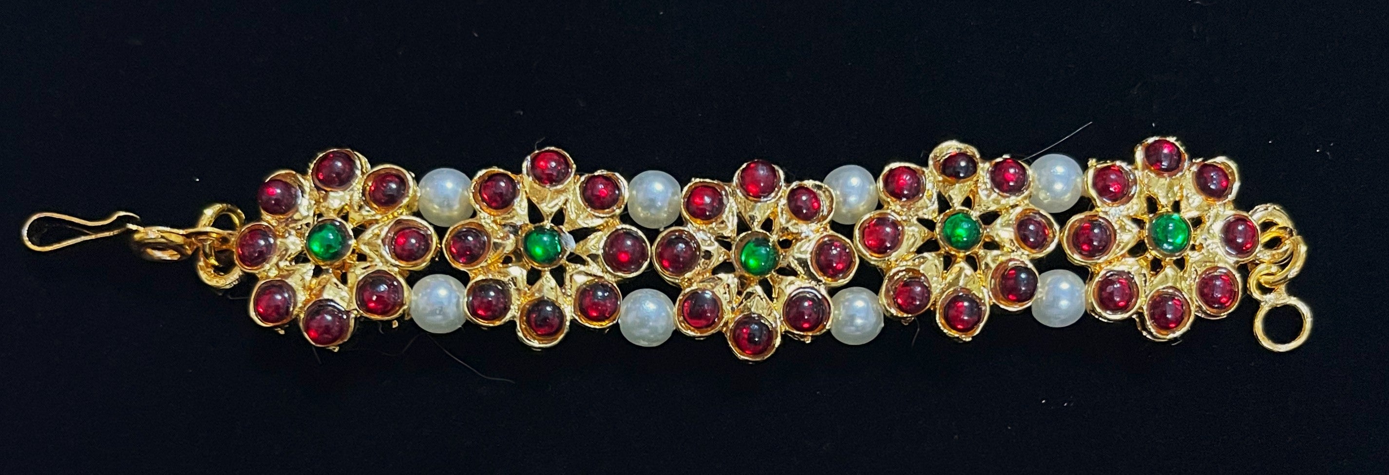 DEITY MULTIPURPOSE BELTS / Can be used as Earrings mati / Choker / Waist belt / Anklets / Bangels / Armlets - Pearls with read and green kemp stones on Gold plated metal alloy 1