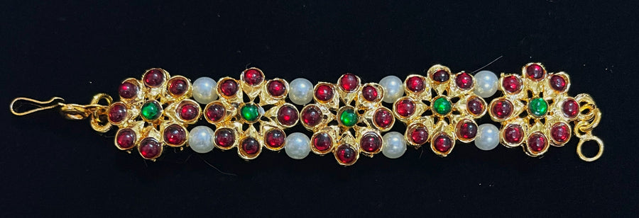 DEITY MULTIPURPOSE BELTS / Can be used as Earrings mati / Choker / Waist belt / Anklets / Bangels / Armlets - Pearls with read and green kemp stones on Gold plated metal alloy