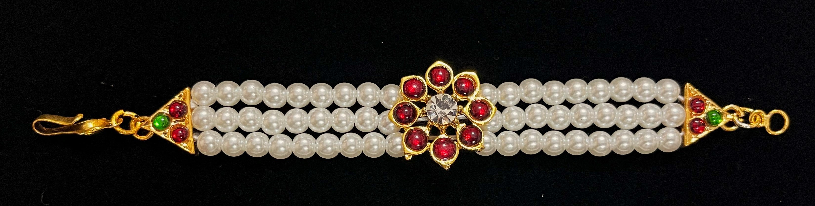 DEITY MULTIPURPOSE BELTS / Can be used as Earrings mati / Choker / Waist belt / Anklets / Bangels / Armlets - Pearls with read and green kemp stones on Gold plated metal alloy 1