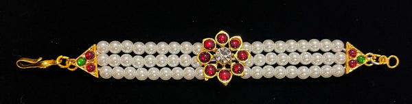DEITY MULTIPURPOSE BELTS / Can be used as Earrings mati / Choker / Waist belt / Anklets / Bangels / Armlets - Pearls with read and green kemp stones on Gold plated metal alloy