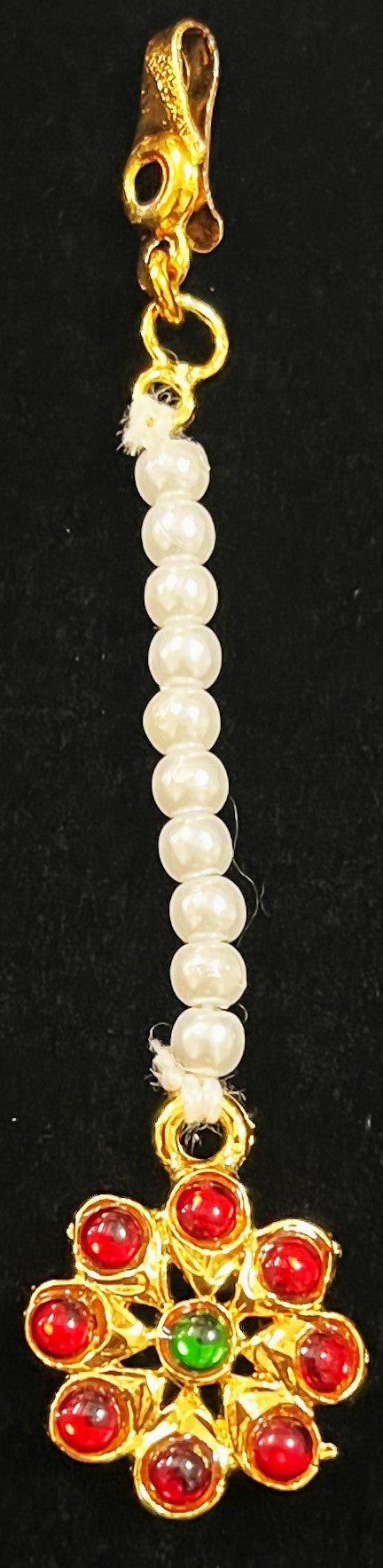 Deity mang tika, Idol forehead jewellery - Pearls with read and green kemp stones on Gold plated metal alloy 1