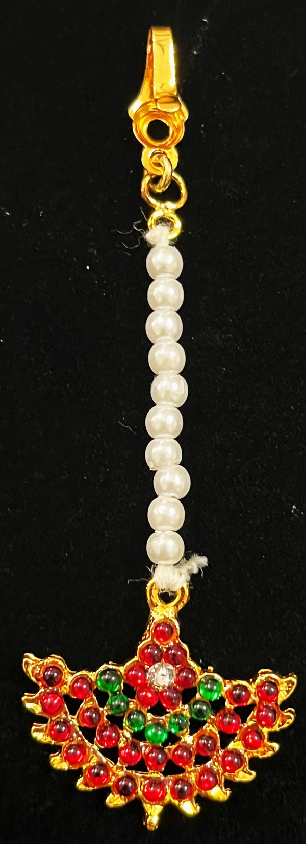Deity mang tika, Idol forehead jewellery - Pearls with read and green kemp stones on Gold plated metal alloy