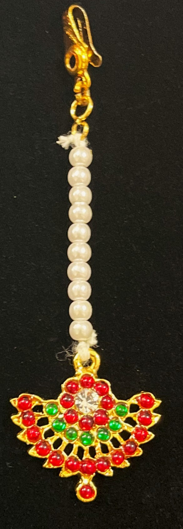 Deity mang tika, Idol forehead jewellery - Pearls with read and green kemp stones on Gold plated metal alloy