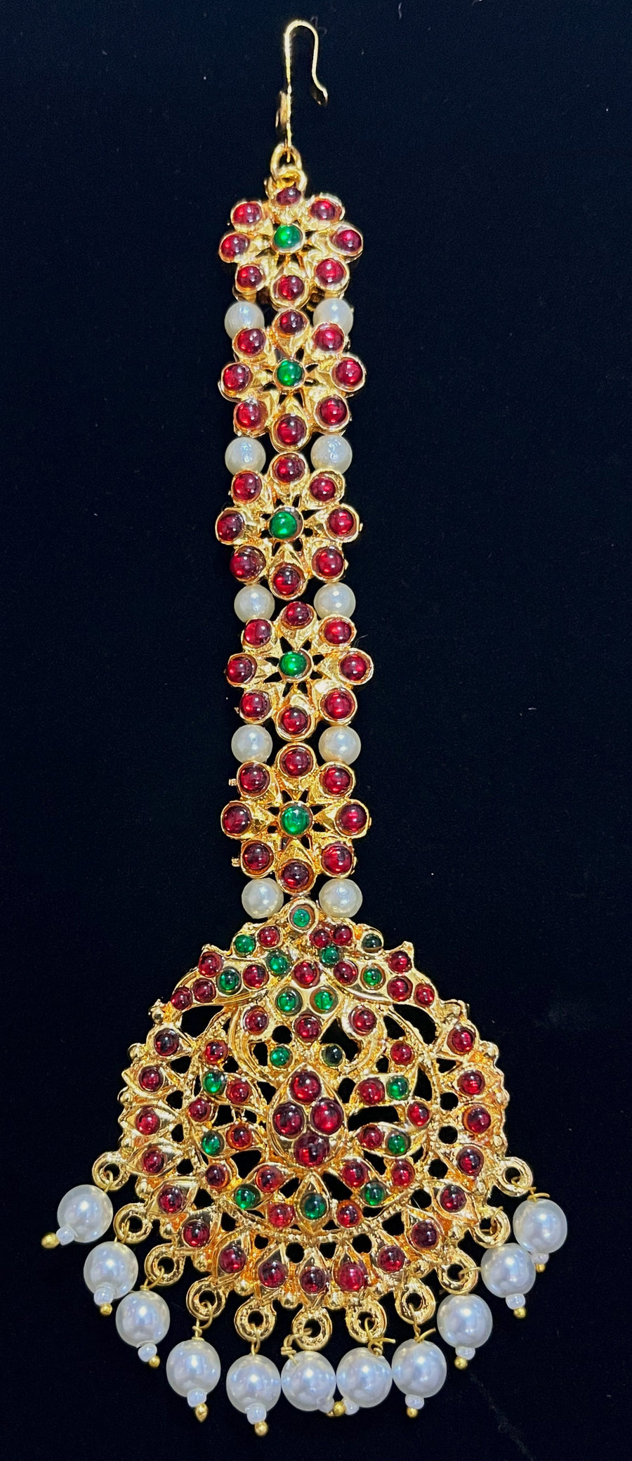 Deity mang tika, Idol forehead jewellery - Pearls with read and green kemp stones on Gold plated metal alloy