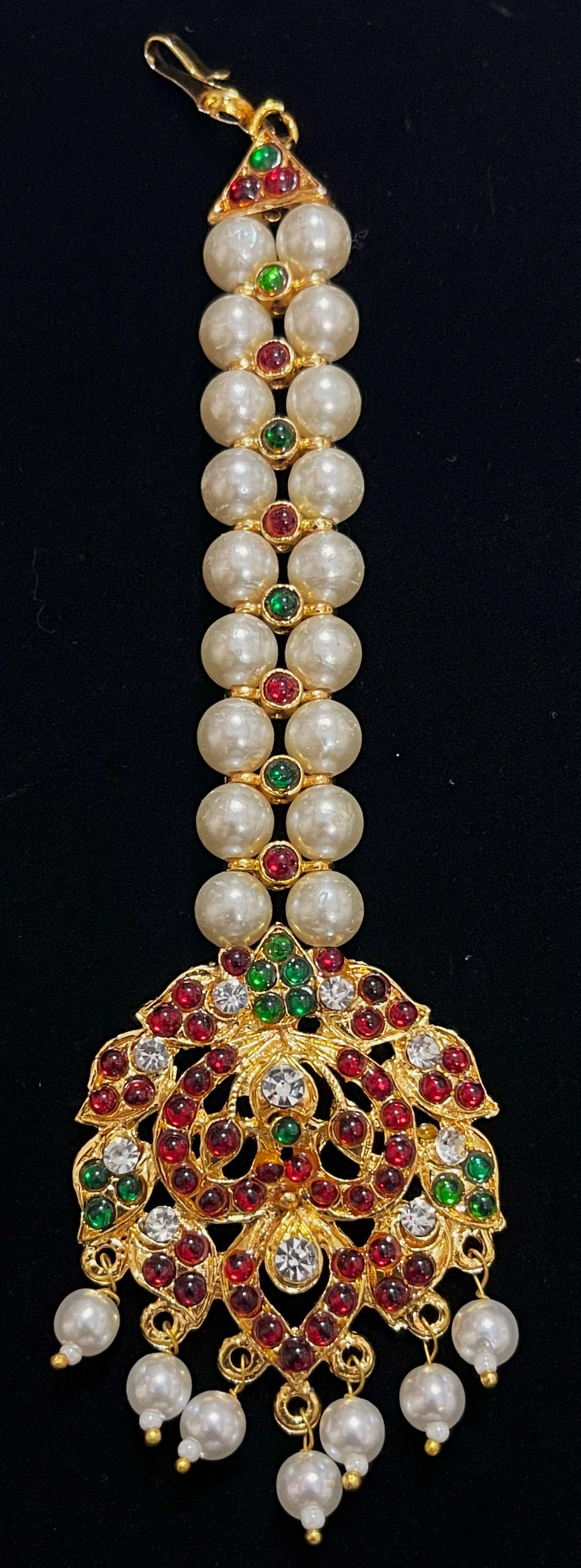 Deity mang tika, Idol forehead jewellery - Pearls with read and green kemp stones on Gold plated metal alloy 1