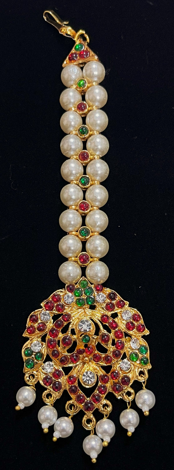Deity mang tika, Idol forehead jewellery - Pearls with read and green kemp stones on Gold plated metal alloy