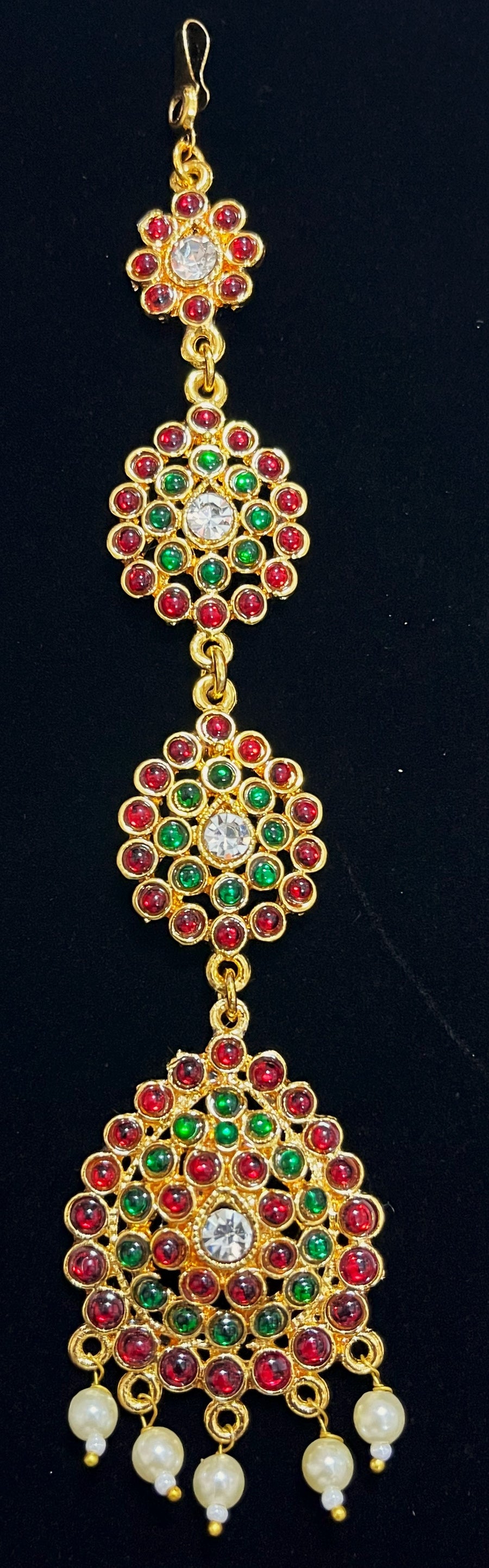 Deity mang tika, Idol forehead jewellery - Pearls with read and green kemp stones on Gold plated metal alloy