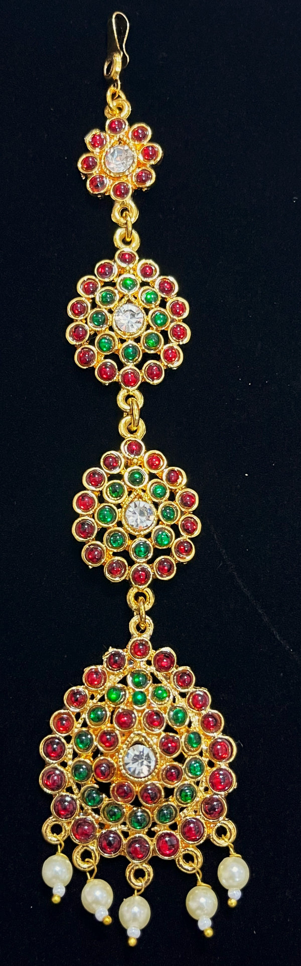 Deity mang tika, Idol forehead jewellery - Pearls with read and green kemp stones on Gold plated metal alloy