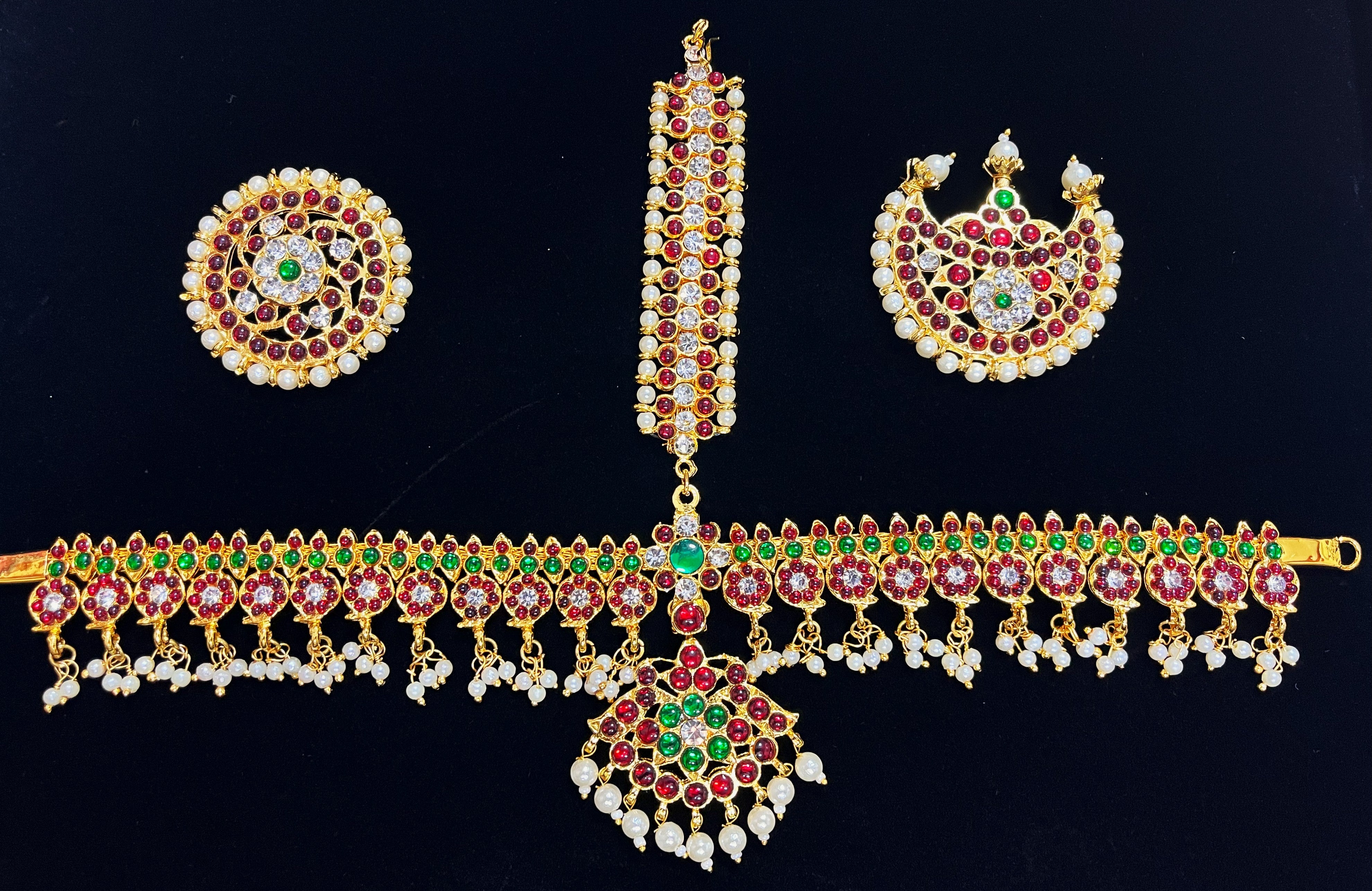Deity mang tika, Idol forehead jewellery - Pearls with read and green kemp stones on Gold plated metal alloy 1
