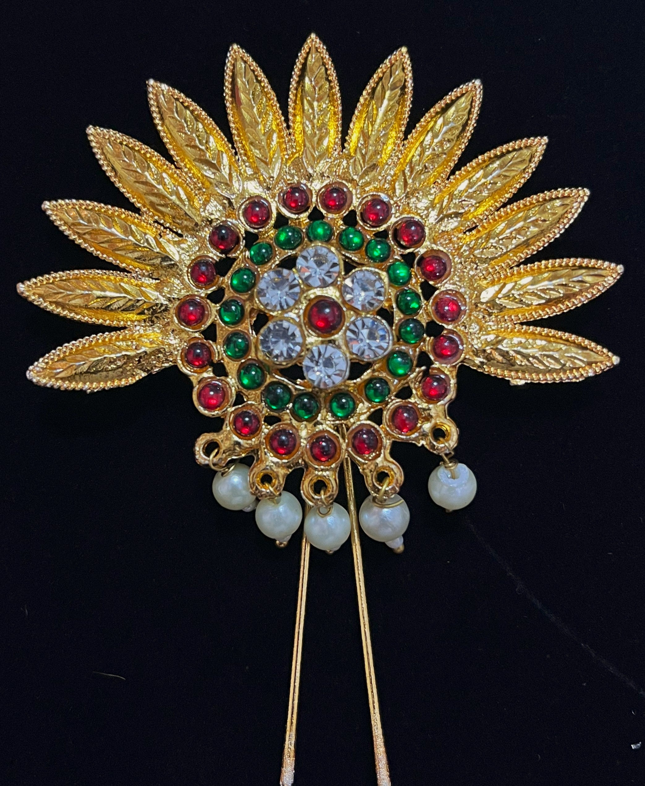 Deity hair accessory - Pearls with read and green kemp stones on Gold plated metal alloy 1