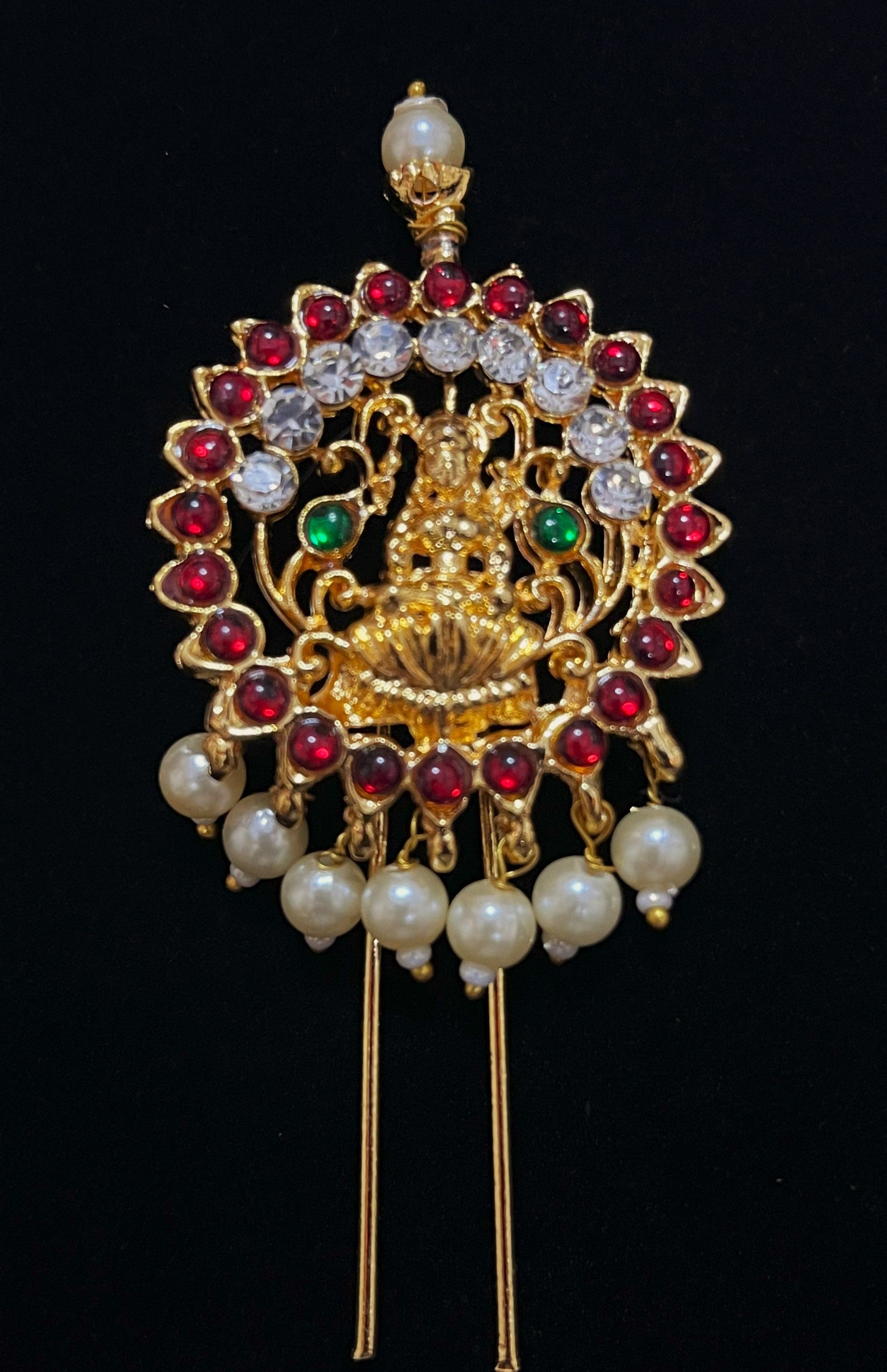 Deity hair accessory - Pearls with read and green kemp stones on Gold plated metal alloy 1