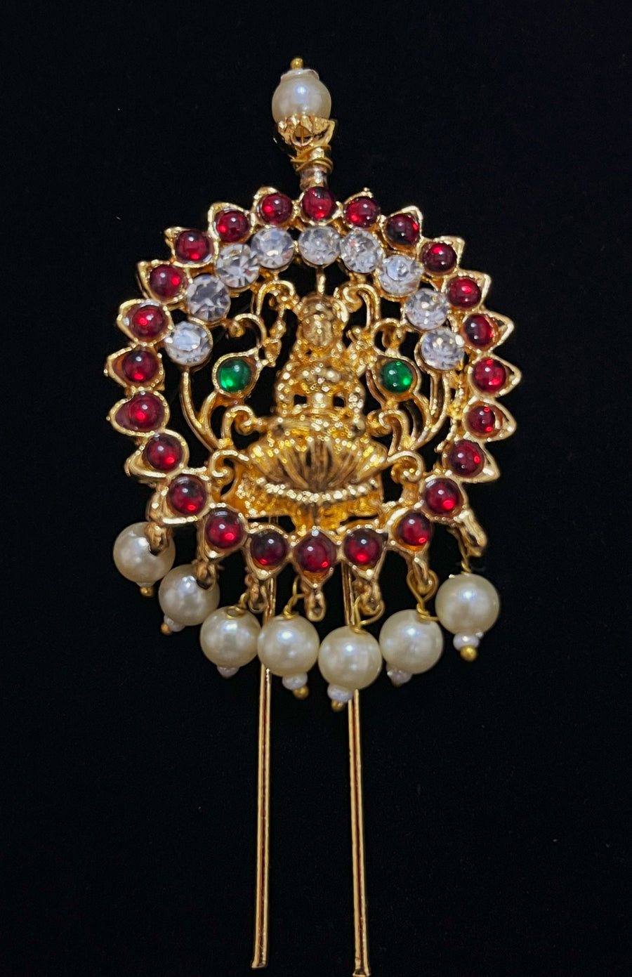 Deity hair accessory - Pearls with read and green kemp stones on Gold plated metal alloy