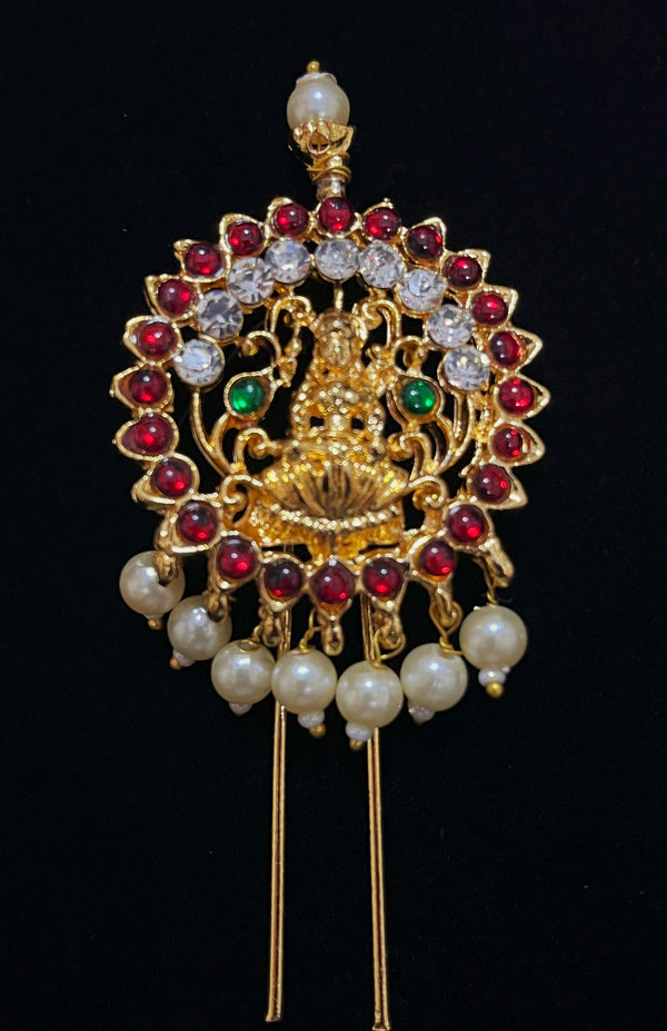 Deity hair accessory - Pearls with read and green kemp stones on Gold plated metal alloy