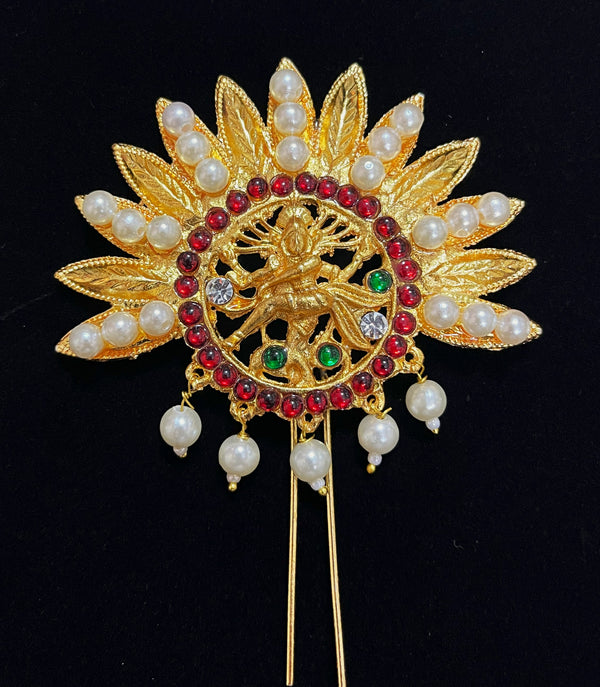 Deity hair accessory - Pearls with read and green kemp stones on Gold plated metal alloy