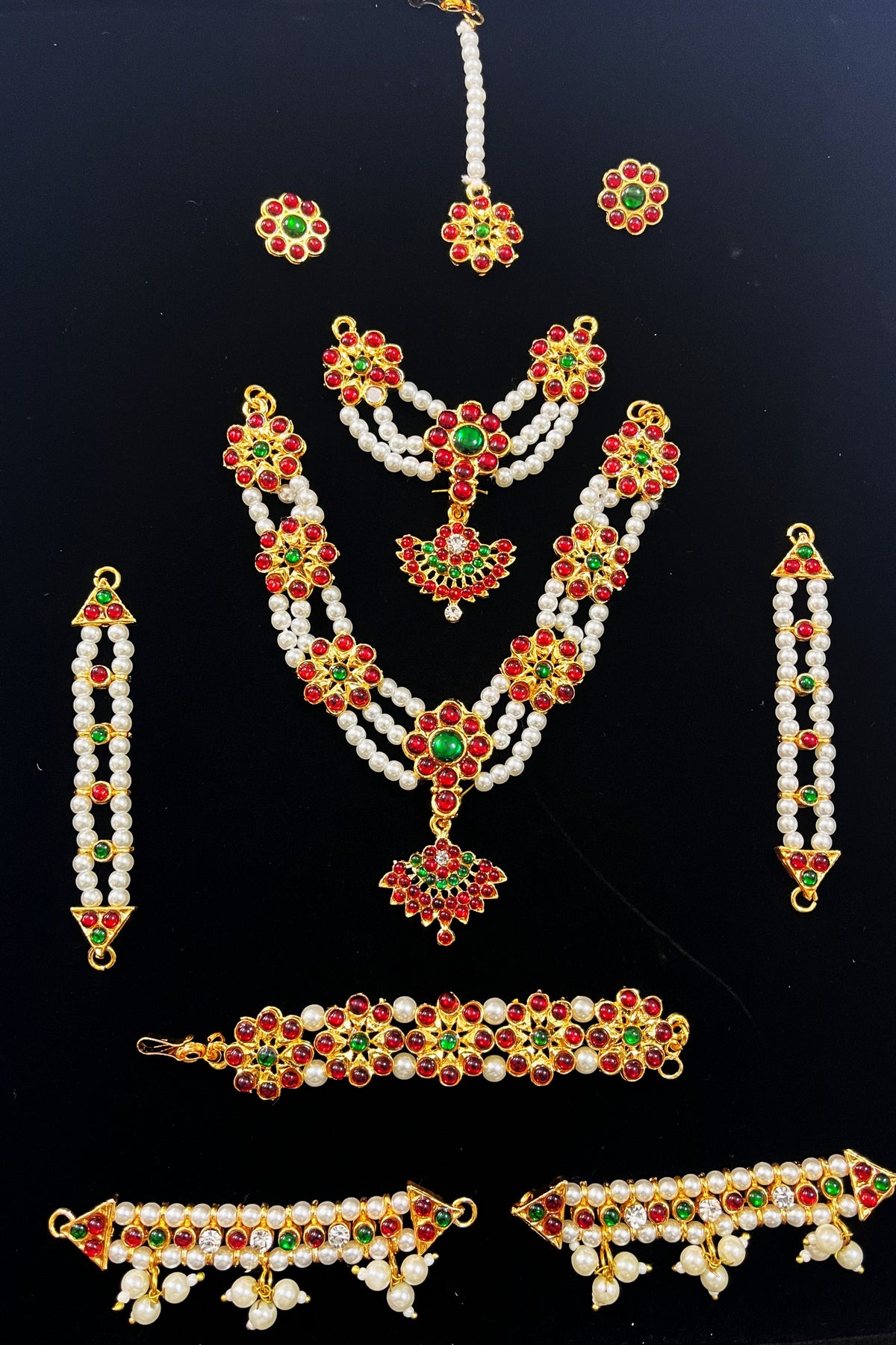 Bharatanatyam inspired jewellery set /  / Temple jewellery set for deity - Pearls with read and green kemp stones on Gold plated metal alloy