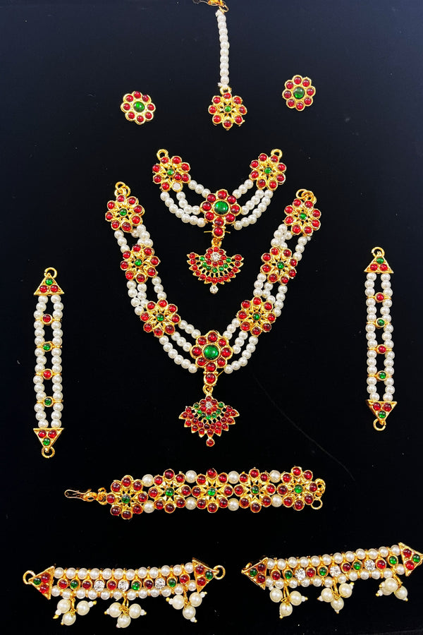 Bharatanatyam inspired jewellery set /  / Temple jewellery set for deity - Pearls with read and green kemp stones on Gold plated metal alloy