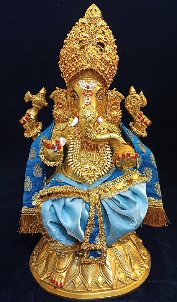 Deity dhoti and patka shalya / Uparna vastra made of Gimmi Choo Monocrome fabric - Ice Blue Dhoti with Gold Kiran Lace and Indigo Pleats and Shalya