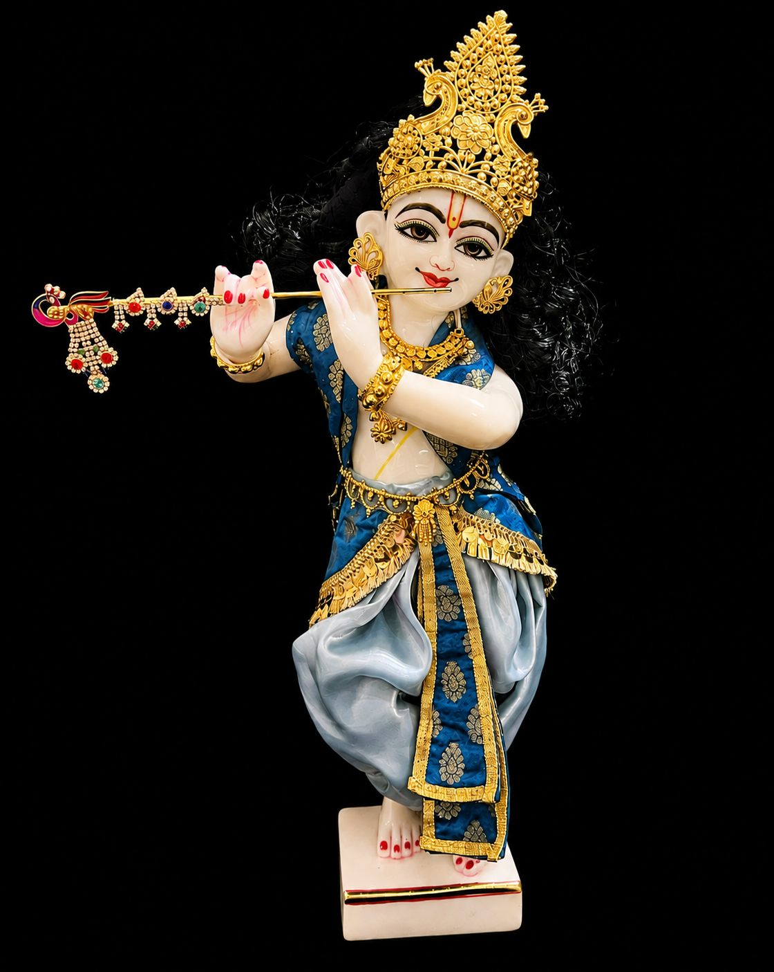 Deity dhoti and patka shalya / Uparna vastra made of Gimmi Choo Monocrome fabric - Ice Blue Dhoti with Gold Kiran Lace and Indigo Pleats and Shalya 2