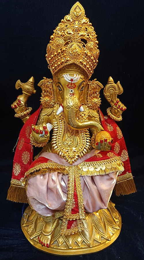 Deity dhoti and patka shalya / Uparna vastra made of Gimmi Choo Monocrome fabric - Rose Gold Dhoti with Gold Kiran Lace and Red Pleats and Shalya