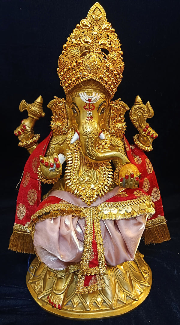 Deity dhoti and patka shalya / Uparna vastra made of Gimmi Choo Monocrome fabric - Rose Gold Dhoti with Gold Kiran Lace and Red Pleats and Shalya