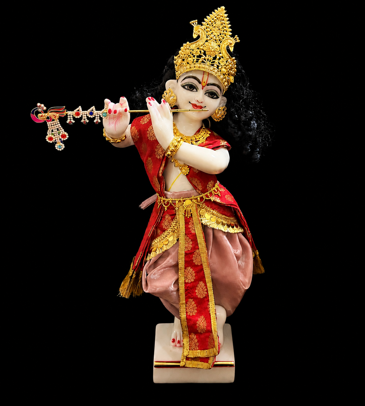 Deity dhoti and patka shalya / Uparna vastra made of Gimmi Choo Monocrome fabric - Rose Gold Dhoti with Gold Kiran Lace and Red Pleats and Shalya 2