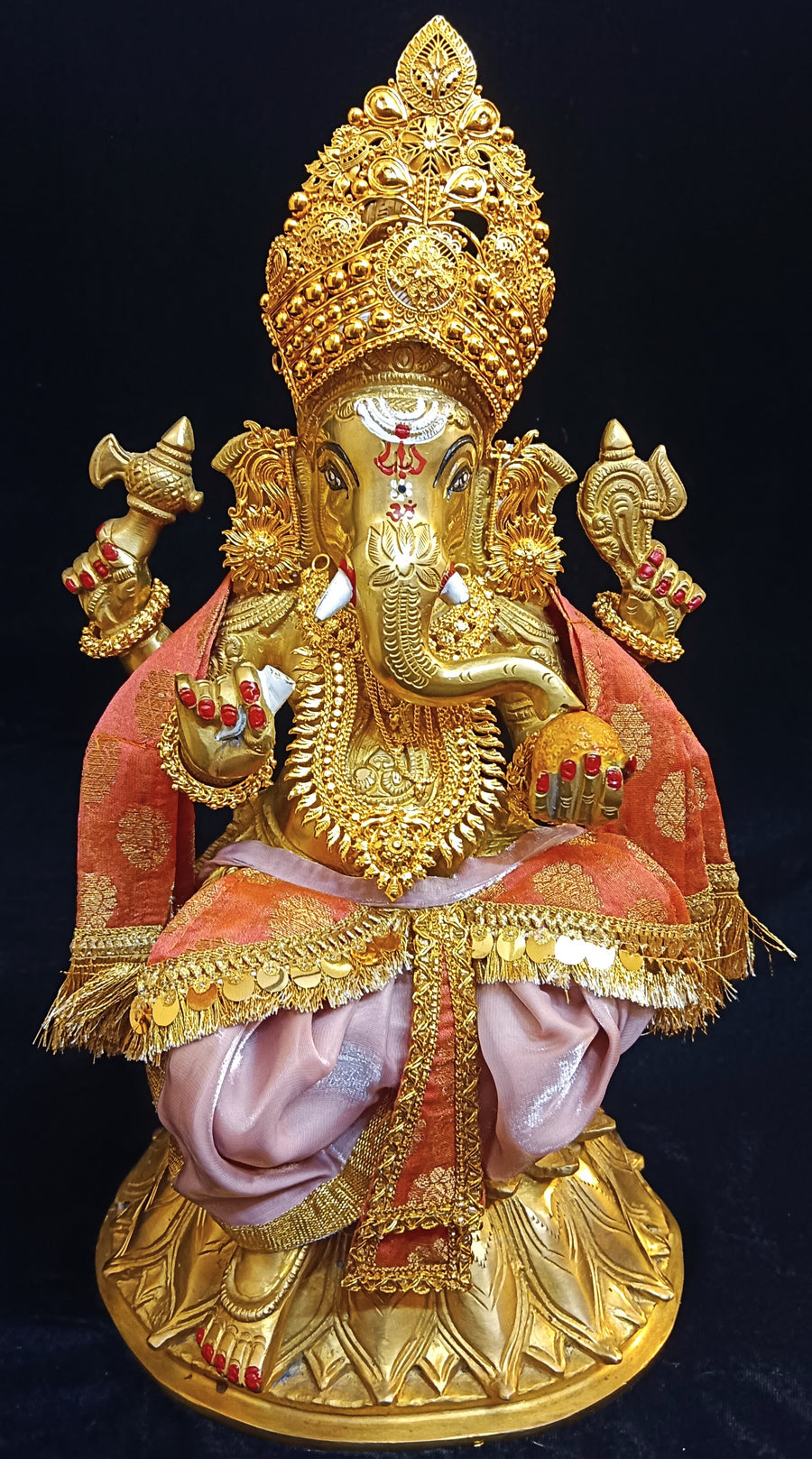 Deity dhoti and patka shalya / Uparna vastra made of Gimmi Choo Monocrome fabric - Metallic Peach Dhoti with Gold Kiran Lace and Orange Pleats and Shalya