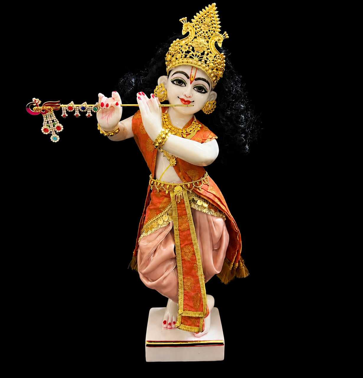 Deity dhoti and patka shalya / Uparna vastra made of Gimmi Choo Monocrome fabric - Metallic Peach Dhoti with Gold Kiran Lace and Orange Pleats and Shalya 2