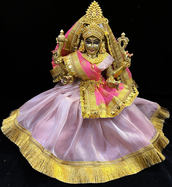 Deity half saree / Lehenga patka made of Gimmi Choo Monocrome fabric - Pastel Pink Lehenga and Blouse with Gold Kiran lace and Pink Dupatta