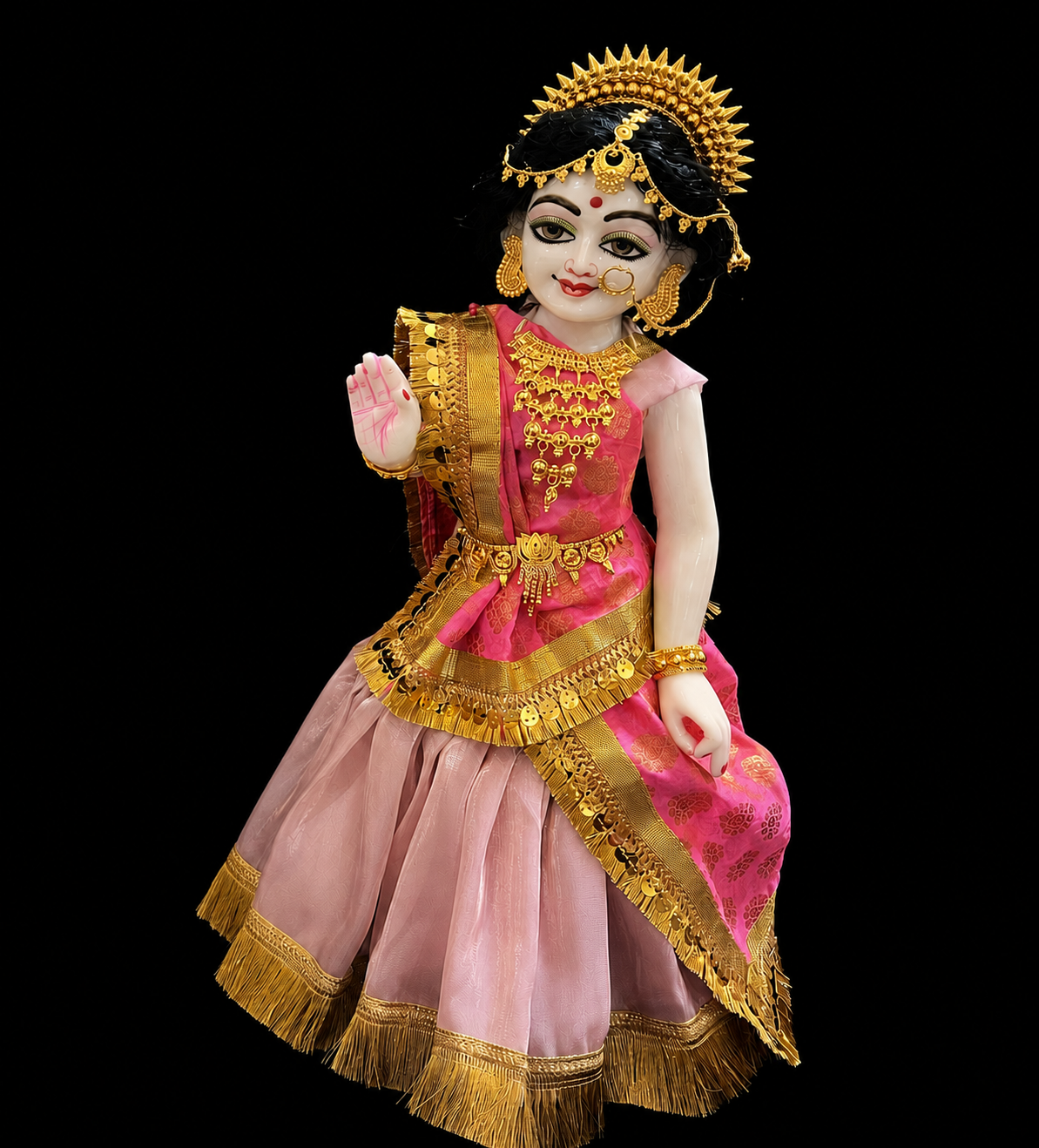Deity half saree / Lehenga patka made of Gimmi Choo Monocrome fabric - Pastel Pink Lehenga and Blouse with Gold Kiran lace and Pink Dupatta 2
