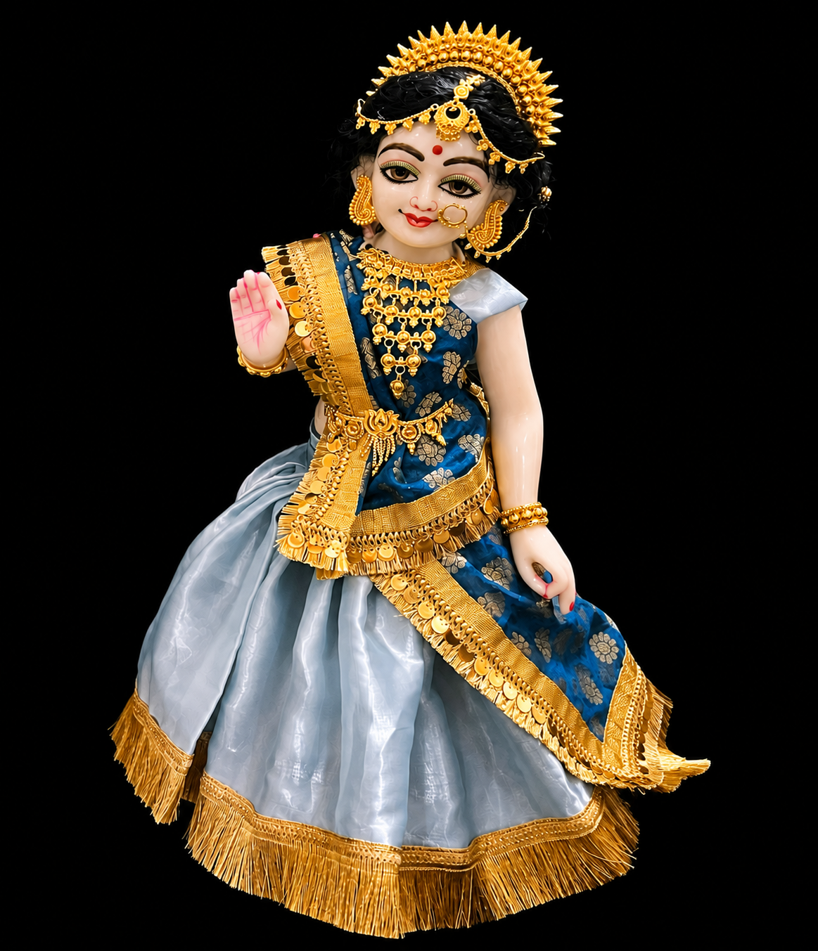 Deity half saree / Lehenga patka made of Gimmi Choo Monocrome fabric - Ice Blue Lehenga and Blouse with Gold Kiran Lace and Indigo Dupatta 2