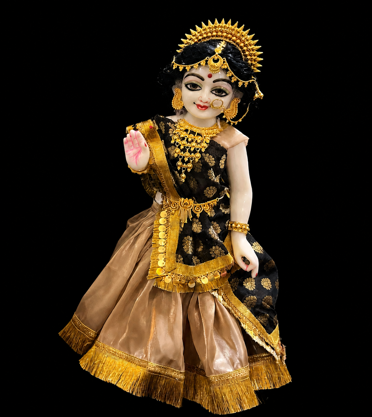 Deity half saree / Lehenga patka made of Gimmi Choo Monocrome fabric - Beige Lehenga and Blouse with Gold Kiran Lace and Jet Black Dupatta 2
