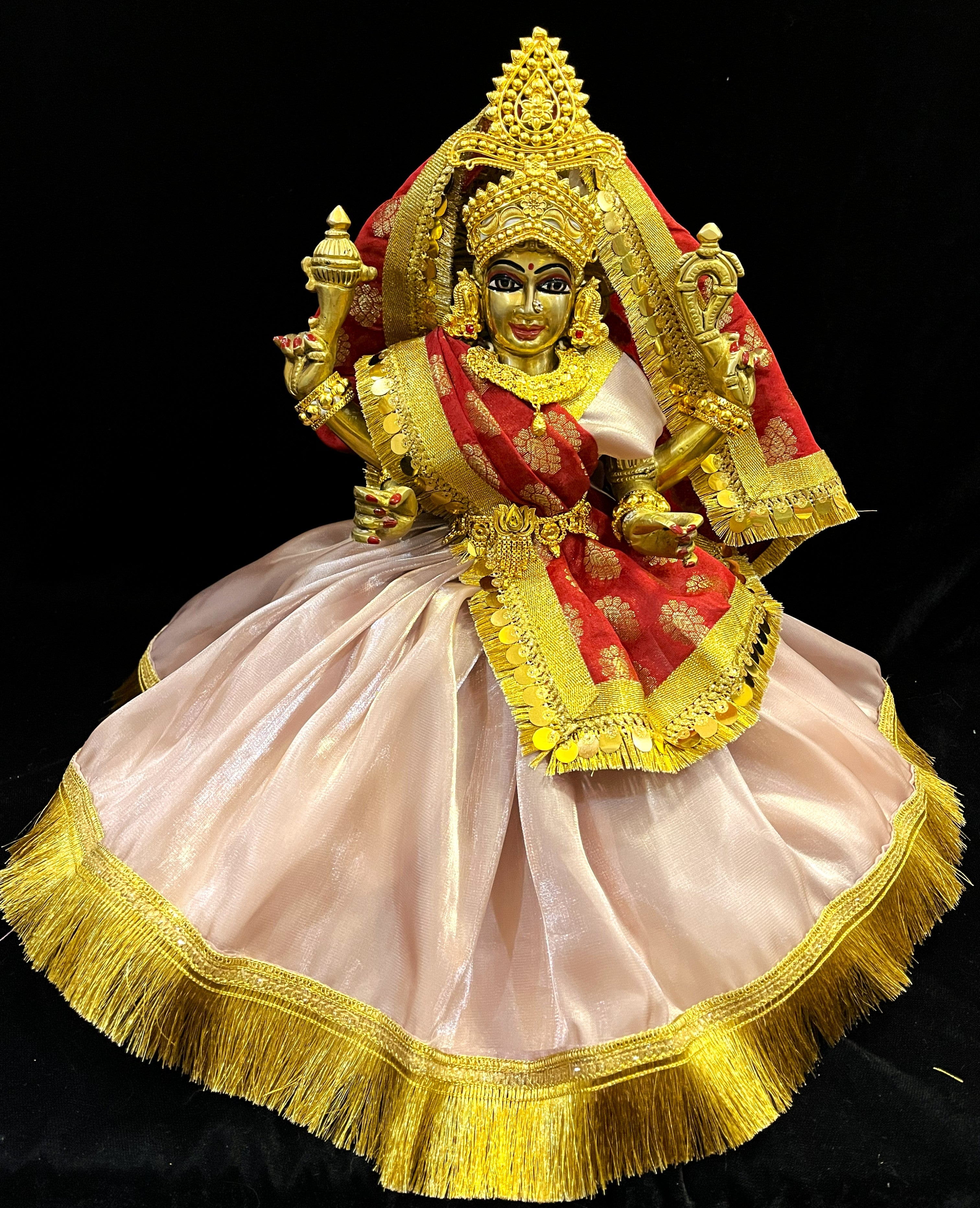 Deity half saree / Lehenga patka made of Gimmi Choo Monocrome fabric - Rose Gold Lehenga and Blouse with Gold Kiran Lace and Red Dupatta 1
