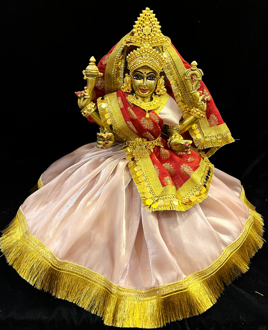 Deity half saree / Lehenga patka made of Gimmi Choo Monocrome fabric - Rose Gold Lehenga and Blouse with Gold Kiran Lace and Red Dupatta