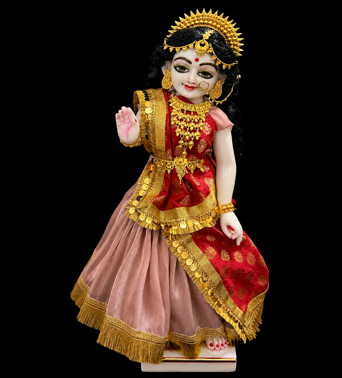 Deity half saree / Lehenga patka made of Gimmi Choo Monocrome fabric - Rose Gold Lehenga and Blouse with Gold Kiran Lace and Red Dupatta 2