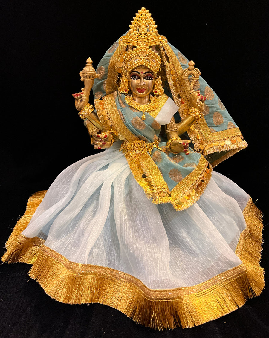 Deity half saree / Lehenga patka made of Gimmi Choo Monocrome fabric - Light Grey Lehenga and Blouse with Gold Kiran Lace and Sage Green Dupatta