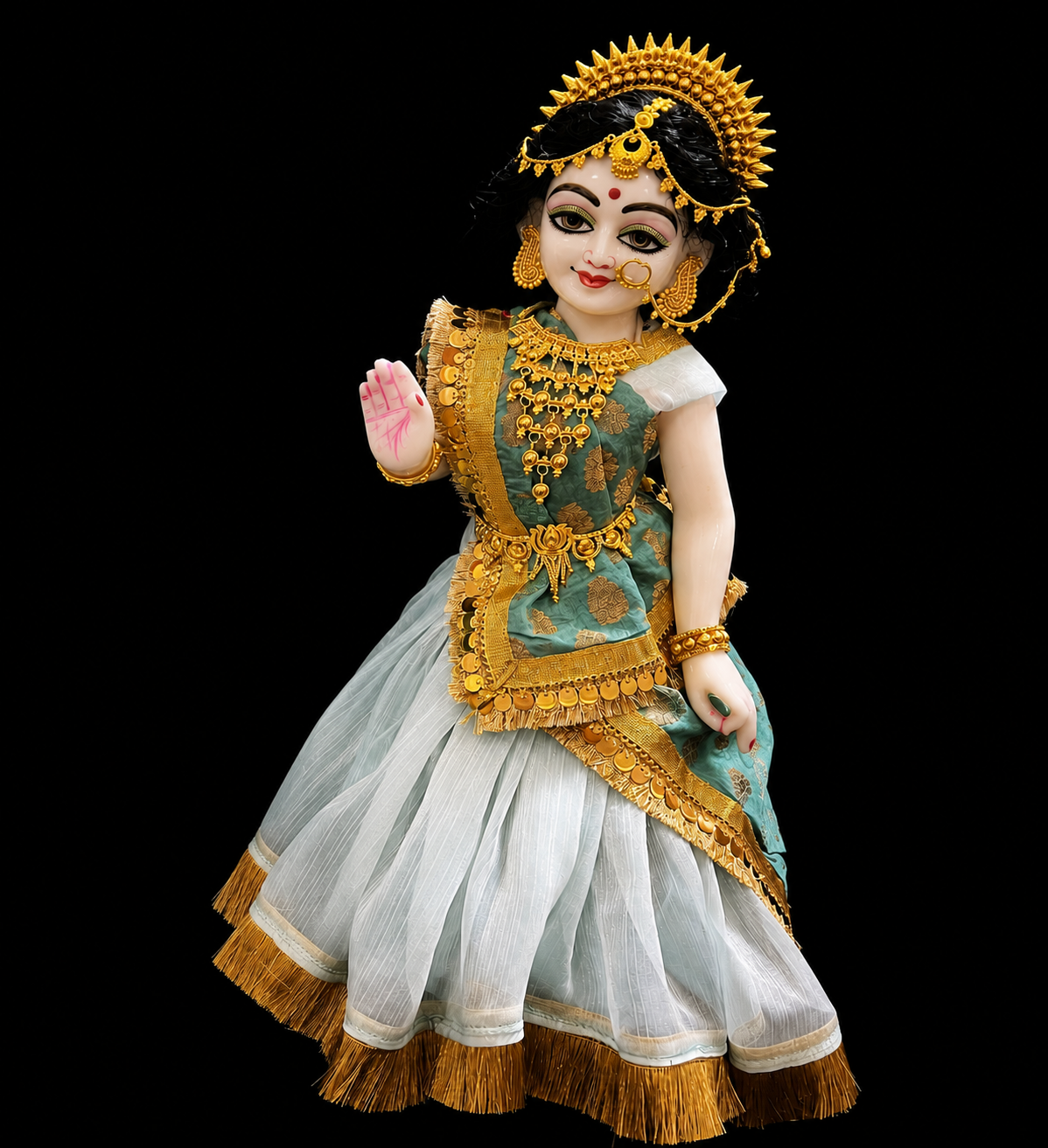 Deity half saree / Lehenga patka made of Gimmi Choo Monocrome fabric - Light Grey Lehenga and Blouse with Gold Kiran Lace and Sage Green Dupatta 2