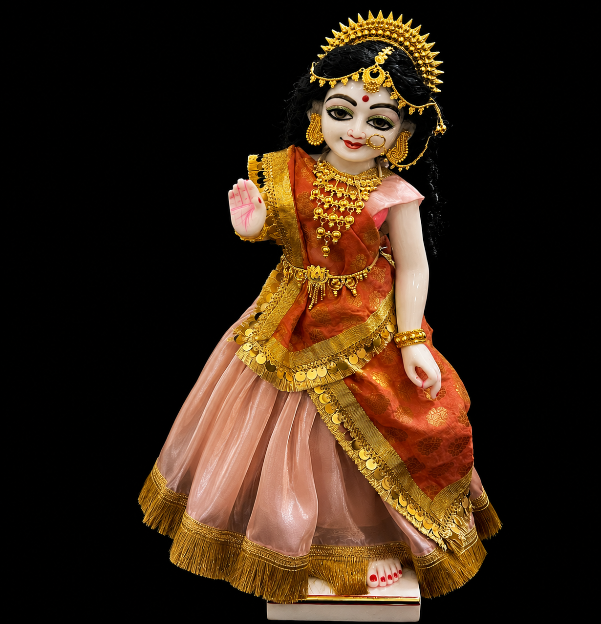 Deity half saree / Lehenga patka made of Gimmi Choo Monocrome fabric - Metallic Peach Lehenga and Blouse with Gold Kiran Lace and Orange Dupatta 2