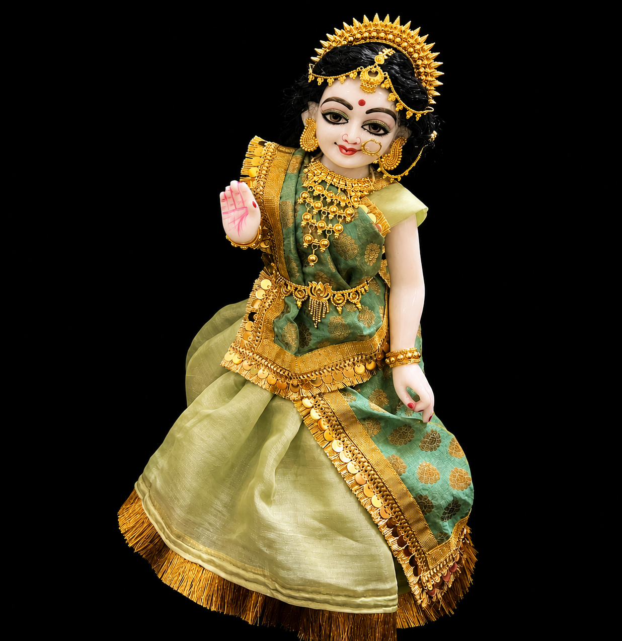 Deity half saree / Lehenga patka made of Gimmi Choo Monocrome fabric - Pista Green Lehenga and Blouse with Gold Kiran Lace and Sage Green Dupatta 2