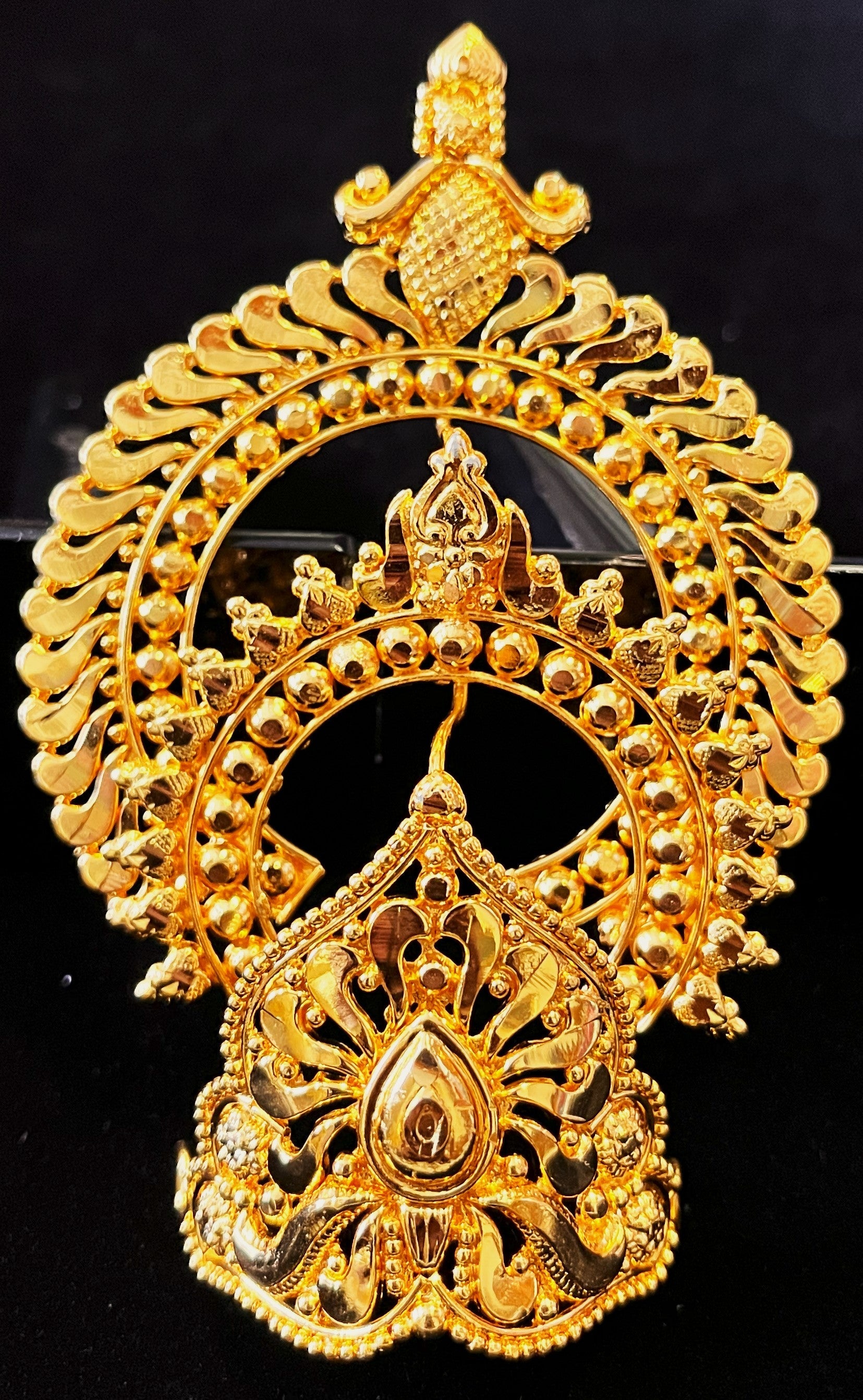 chandrika jewellery, half crown for deity, idol chandram ornament - Length without chakras: 1.5 inches | Length with chakras: 4 inches | Width: 2 inches 1