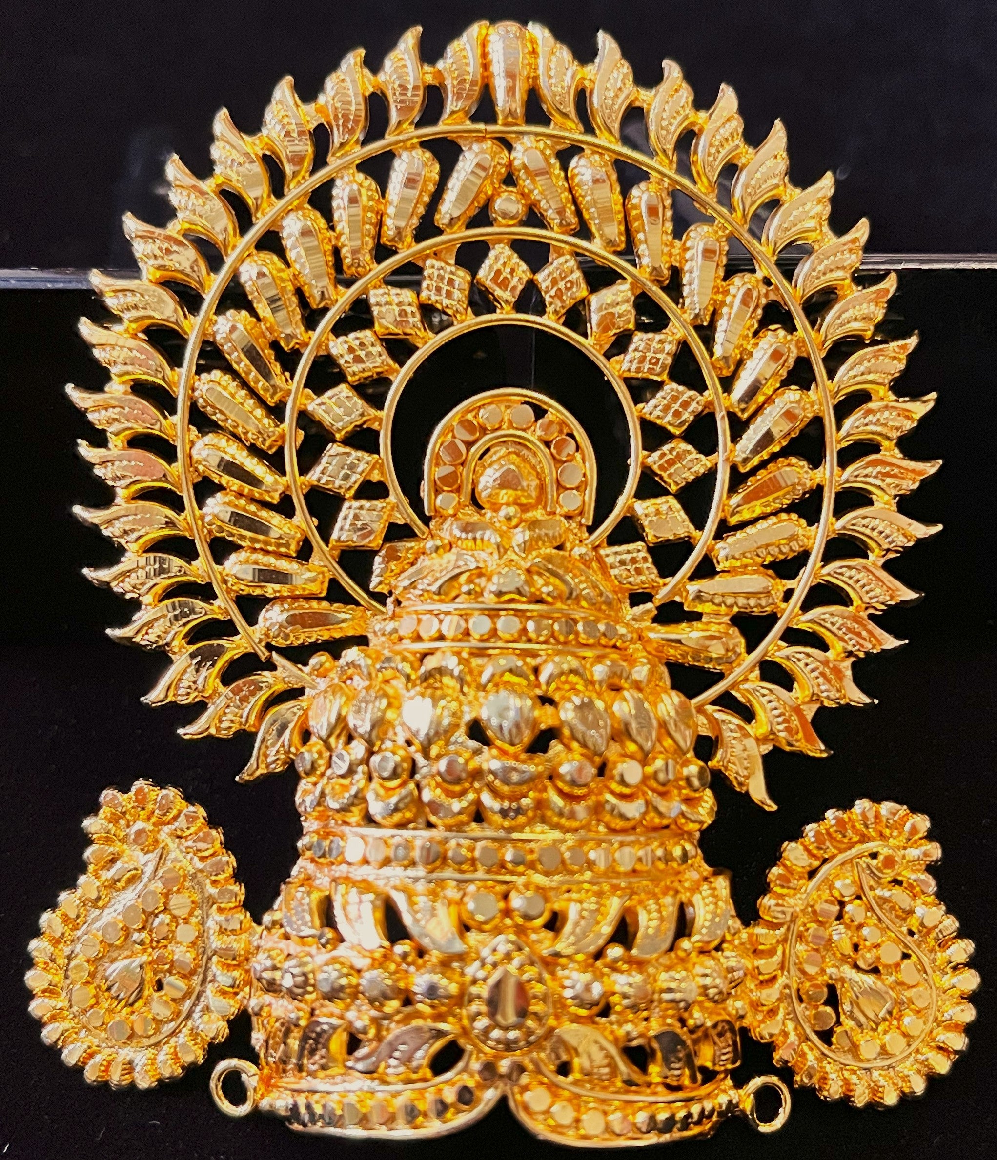 chandrika jewellery, half crown for deity, idol chandram ornament - Length without chakra: 2 inches | Length with chakra: 3.35 inches | Width: 2 inches | Earrings length: 1 inches 1
