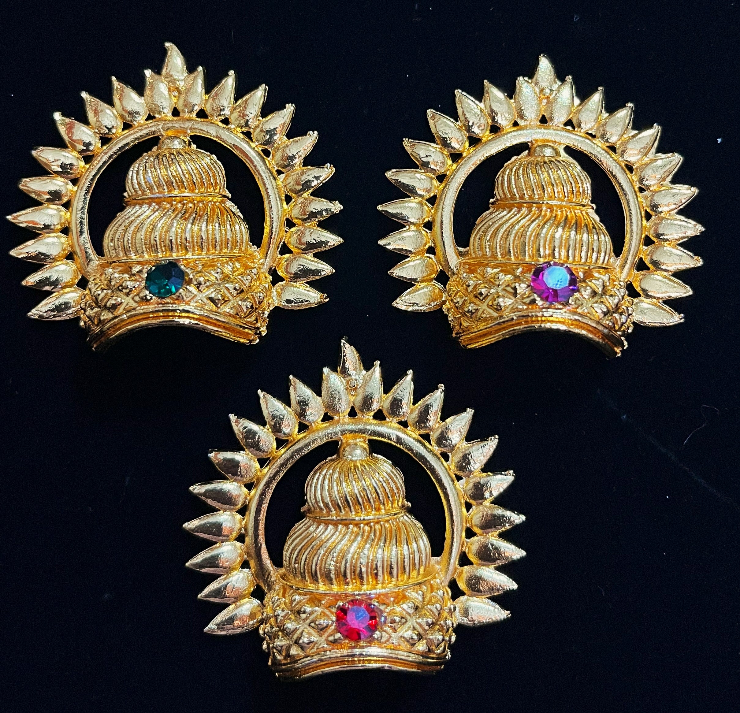Royal Crown with Prabhavali – Divine Arch Design - South Indian Stones with red / pink / red stone - Length with chakra: 1.5 inches, Length without chakra: 1 inches, Width: 1.5 inches 4