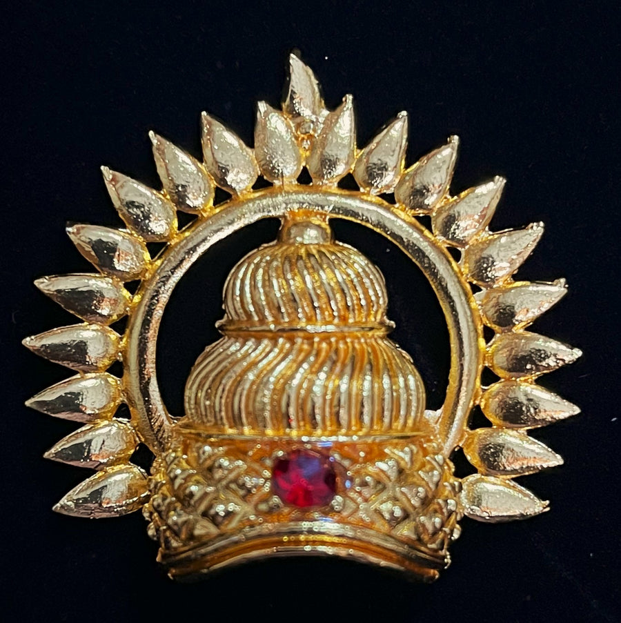 Royal Crown with Prabhavali – Divine Arch Design - South Indian Stones with red / pink / red stone - Length with chakra: 1.5 inches, Length without chakra: 1 inches, Width: 1.5 inches