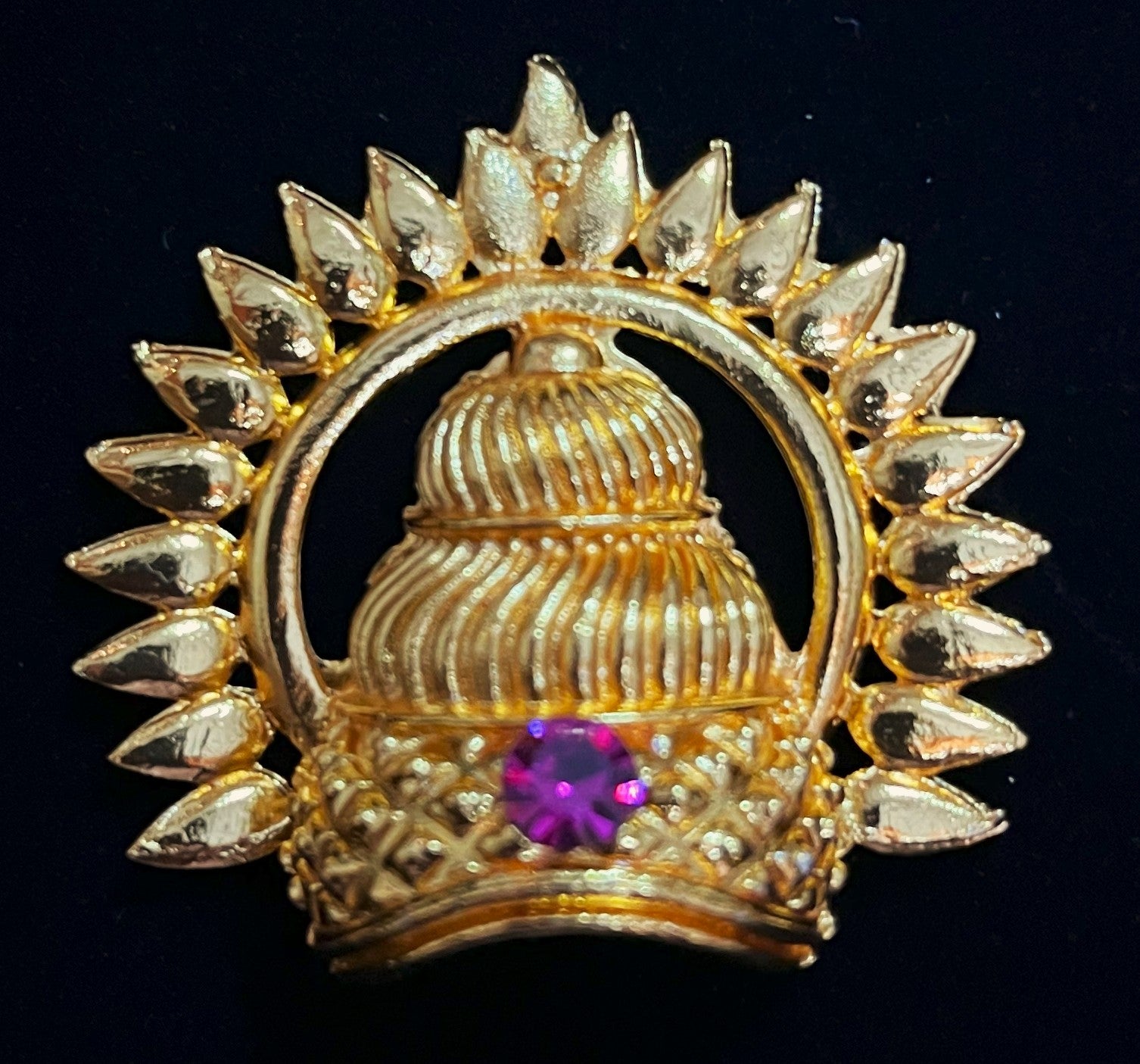 Royal Crown with Prabhavali – Divine Arch Design - South Indian Stones with red / pink / red stone - Length with chakra: 1.5 inches, Length without chakra: 1 inches, Width: 1.5 inches 2