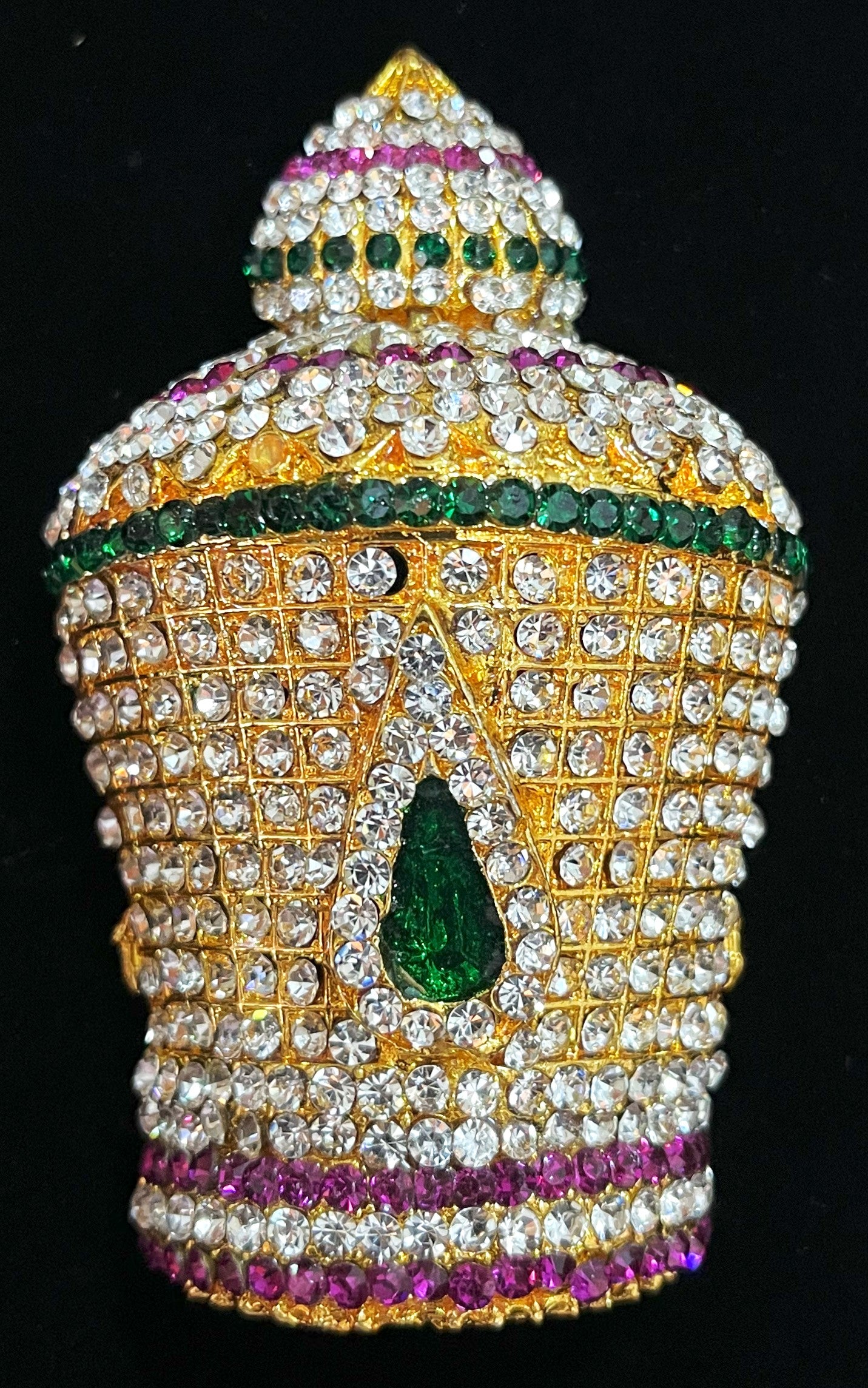 Traditional South Indian Stone-Studded Crown (Kireedam) - Pink, white & green stones on South Indian Stones metal alloy - Length: 4 inches, Width: 2 inches 1