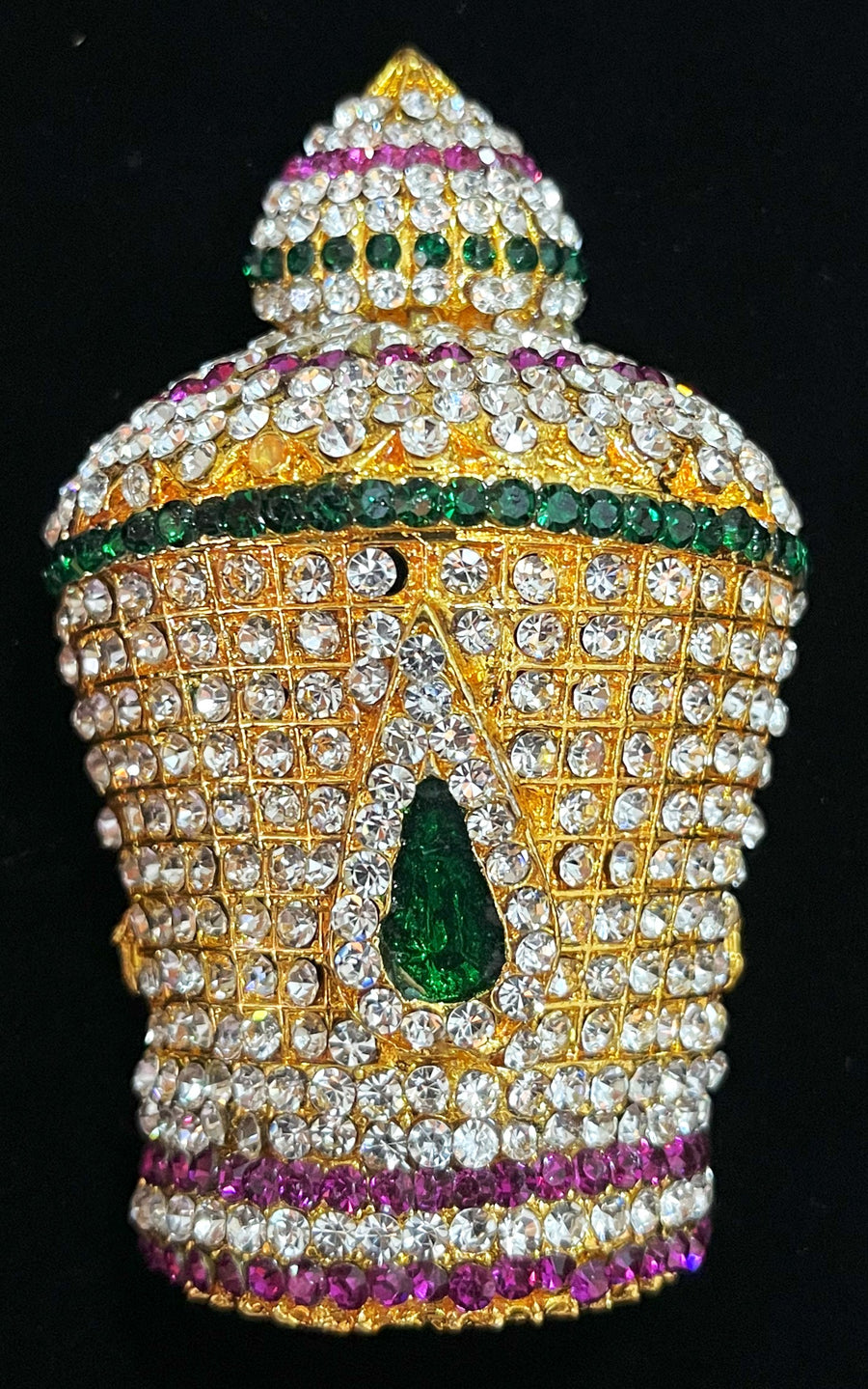 Traditional South Indian Stone-Studded Crown (Kireedam) - Pink, white & green stones on South Indian Stones metal alloy - Length: 4 inches, Width: 2 inches
