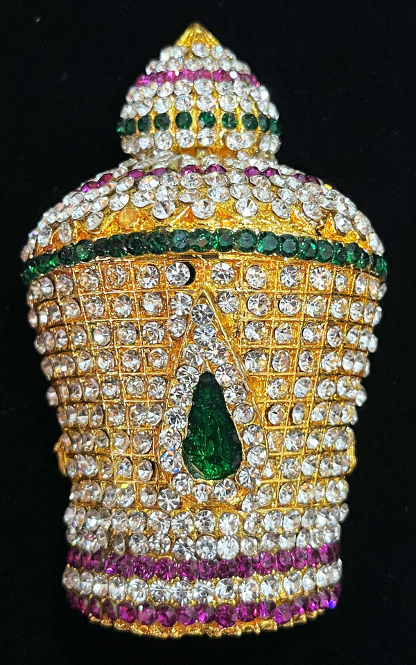 Traditional South Indian Stone-Studded Crown (Kireedam) - Pink, white & green stones on South Indian Stones metal alloy - Length: 4 inches, Width: 2 inches