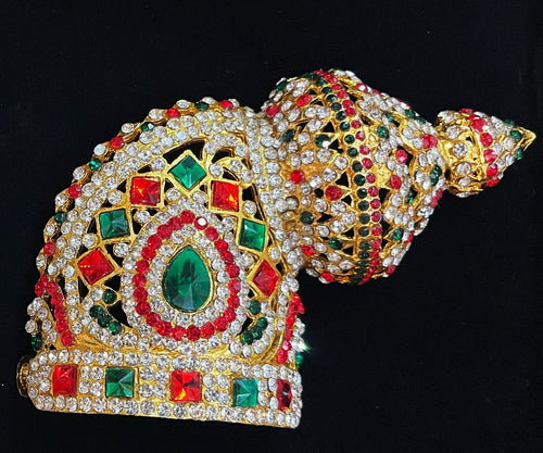 Andal Style Crown - Pink, white & green stones on South Indian Stones metal alloy / Red, white & green stones on South Indian Stones metal alloy - Length: 4 inches, Width: 3.5 inches