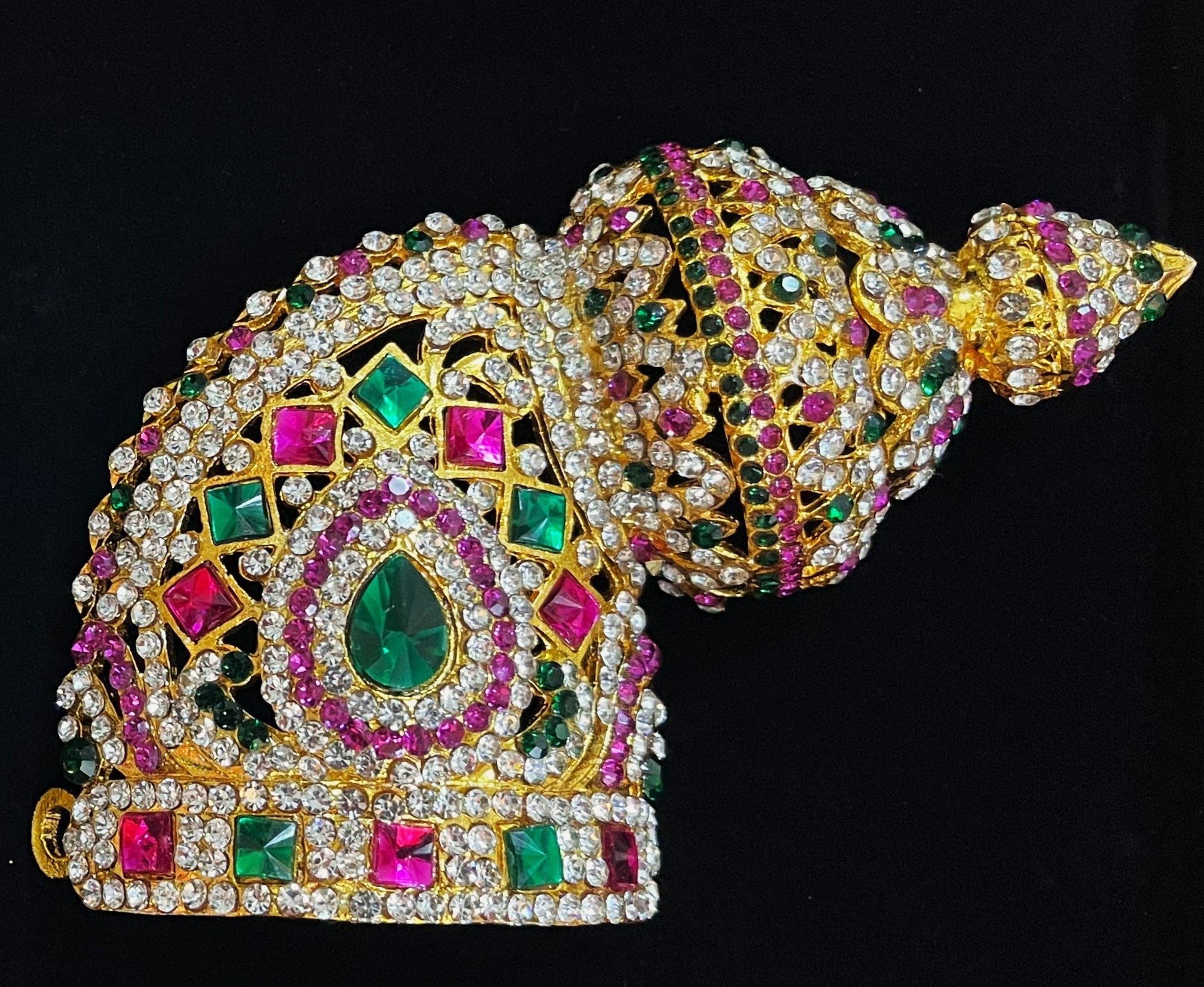 Andal Style Crown - Pink, white & green stones on South Indian Stones metal alloy / Red, white & green stones on South Indian Stones metal alloy - Length: 4 inches, Width: 3.5 inches 1