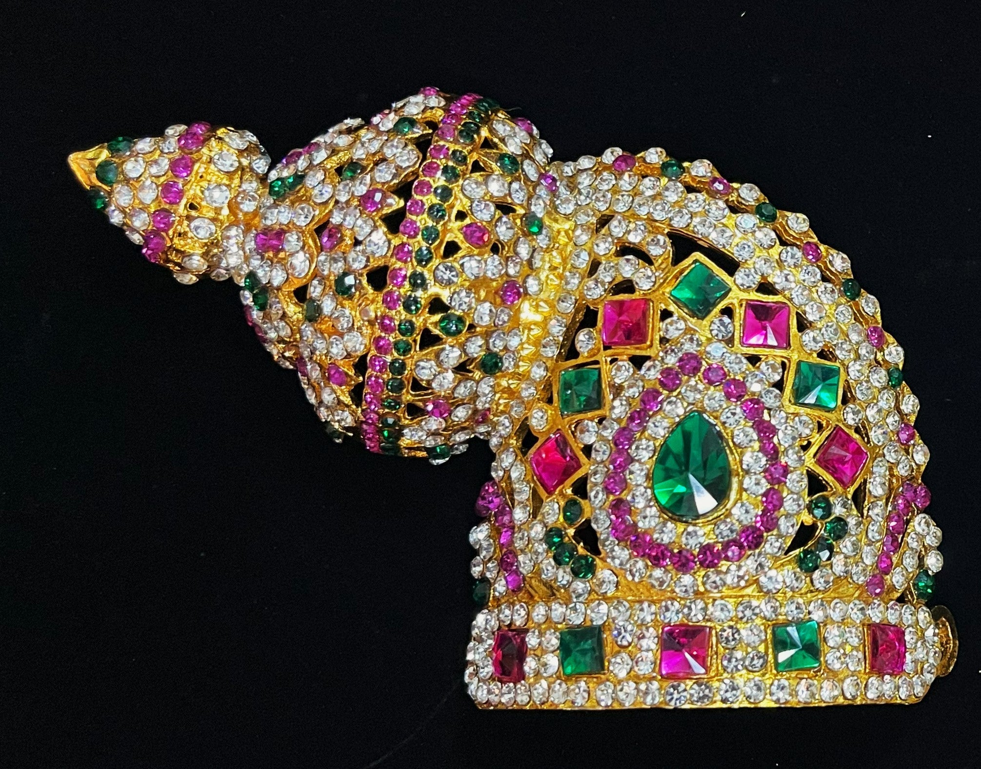 Andal Style Crown - Pink, white & green stones on South Indian Stones metal alloy / Red, white & green stones on South Indian Stones metal alloy - Length: 4 inches, Width: 3.5 inches